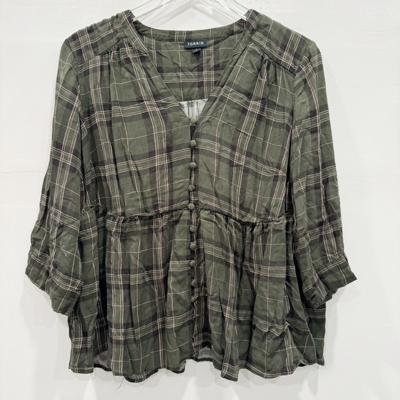 torrid Tops - Torrid Green Plaid Babydoll V-Neck Top Blouse Size 1X